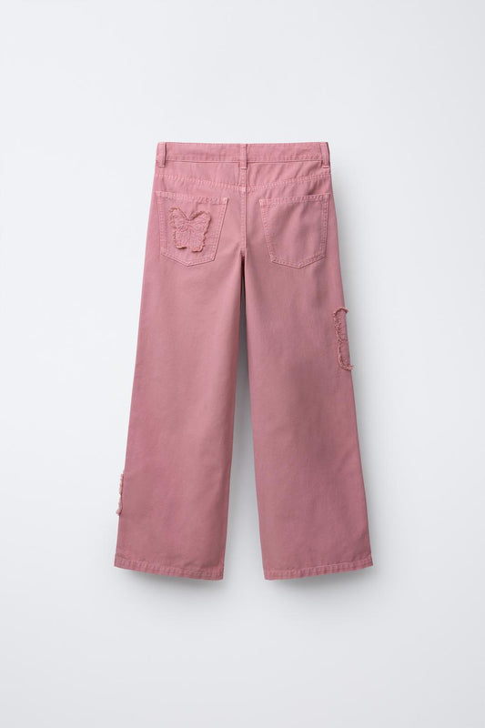 EMBROIDERED BUTTERFLY WIDE LEG JEANS